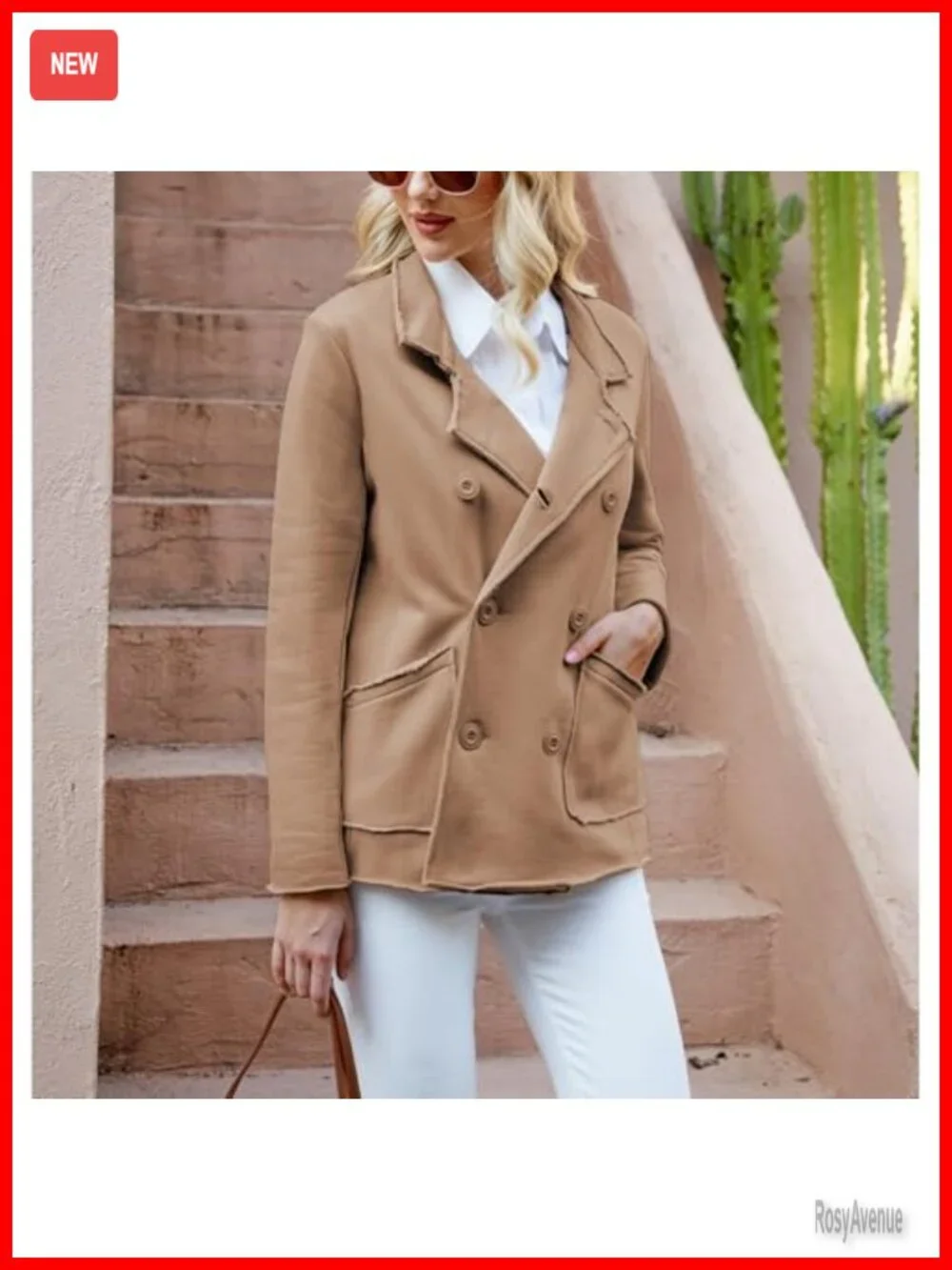 Womens Double Breasted Pea Coat Relaxed Fit Notch Lapel